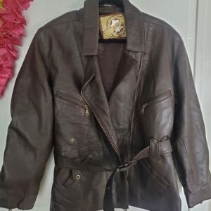 Vintage Brown Leather Jacket with Belted Waist